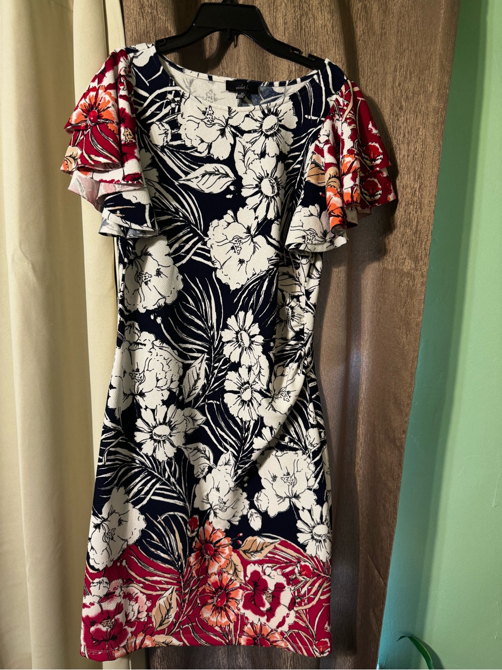 Violet B Blue Red White Floral Dress Short Sleeve Knee Length Women’s Size M
